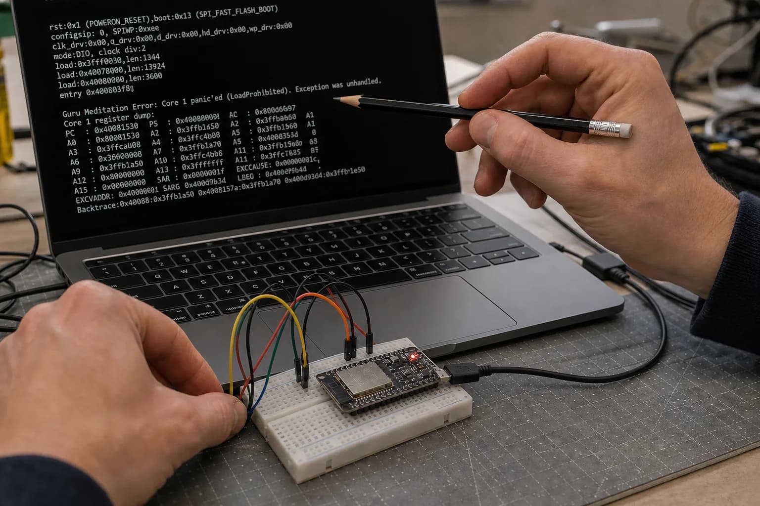 Board ESP32 nối với laptop đang hiển thị crash log và backtrace tại bàn làm việc điện tử.