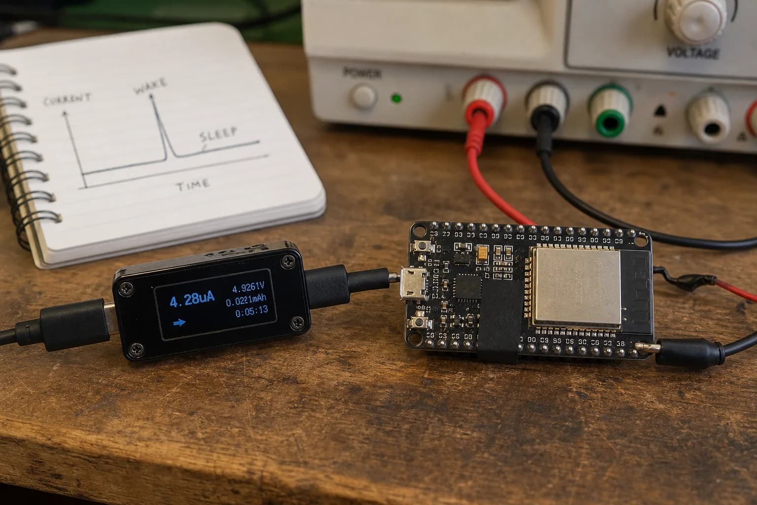 Board ESP32 được cấp nguồn qua đồng hồ đo dòng để kiểm tra mức tiêu thụ trong deep sleep.