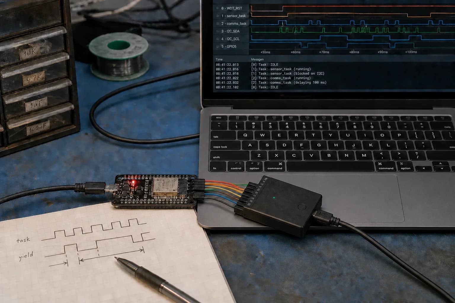 Laptop chạy công cụ debug FreeRTOS cạnh board ESP32 và logic analyzer trên bàn lab thực tế.