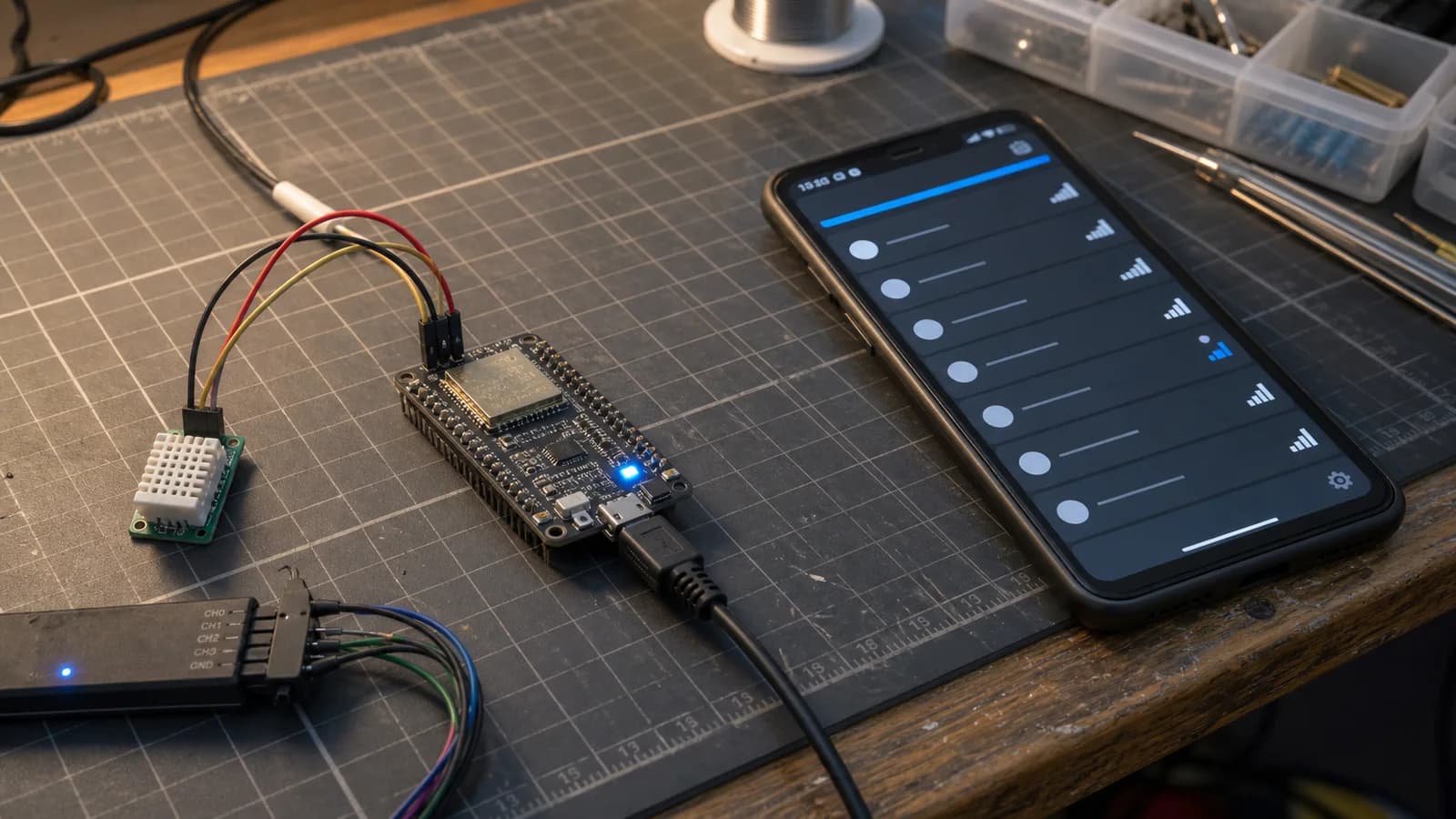 ESP32 sensor prototype and smartphone being tested over Bluetooth Low Energy on an electronics workbench