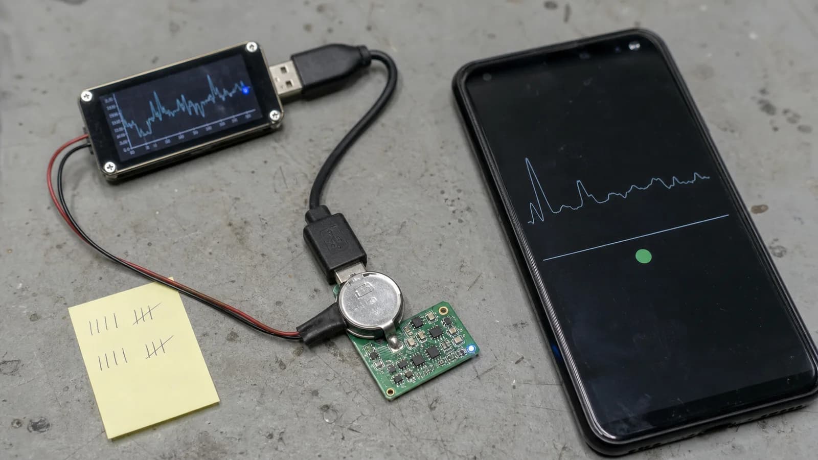 Battery-powered BLE sensor board undergoing current measurement and reconnection testing with a phone.