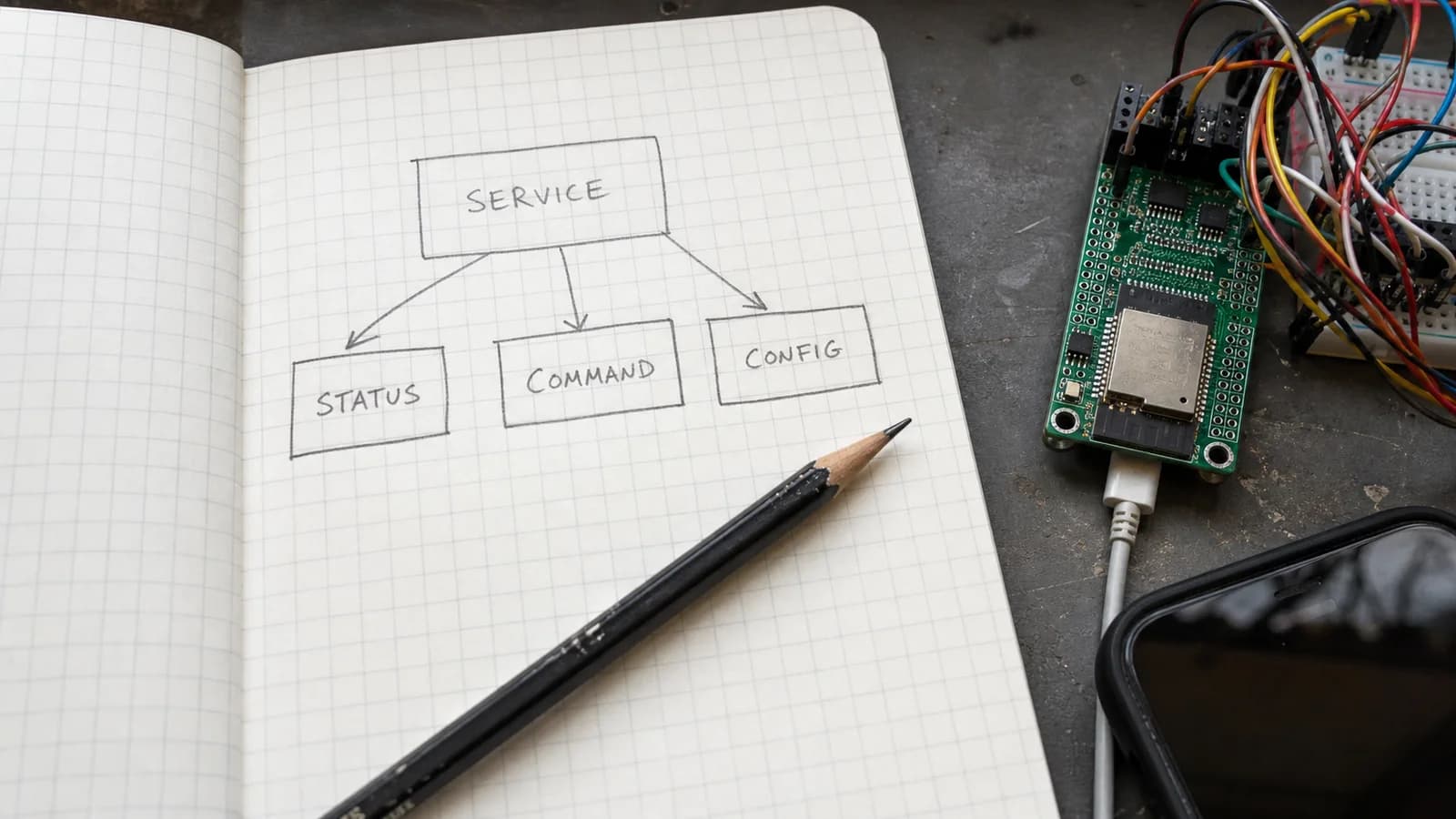 Notebook sketch of a BLE service with status, command, and config characteristics beside a prototype board.