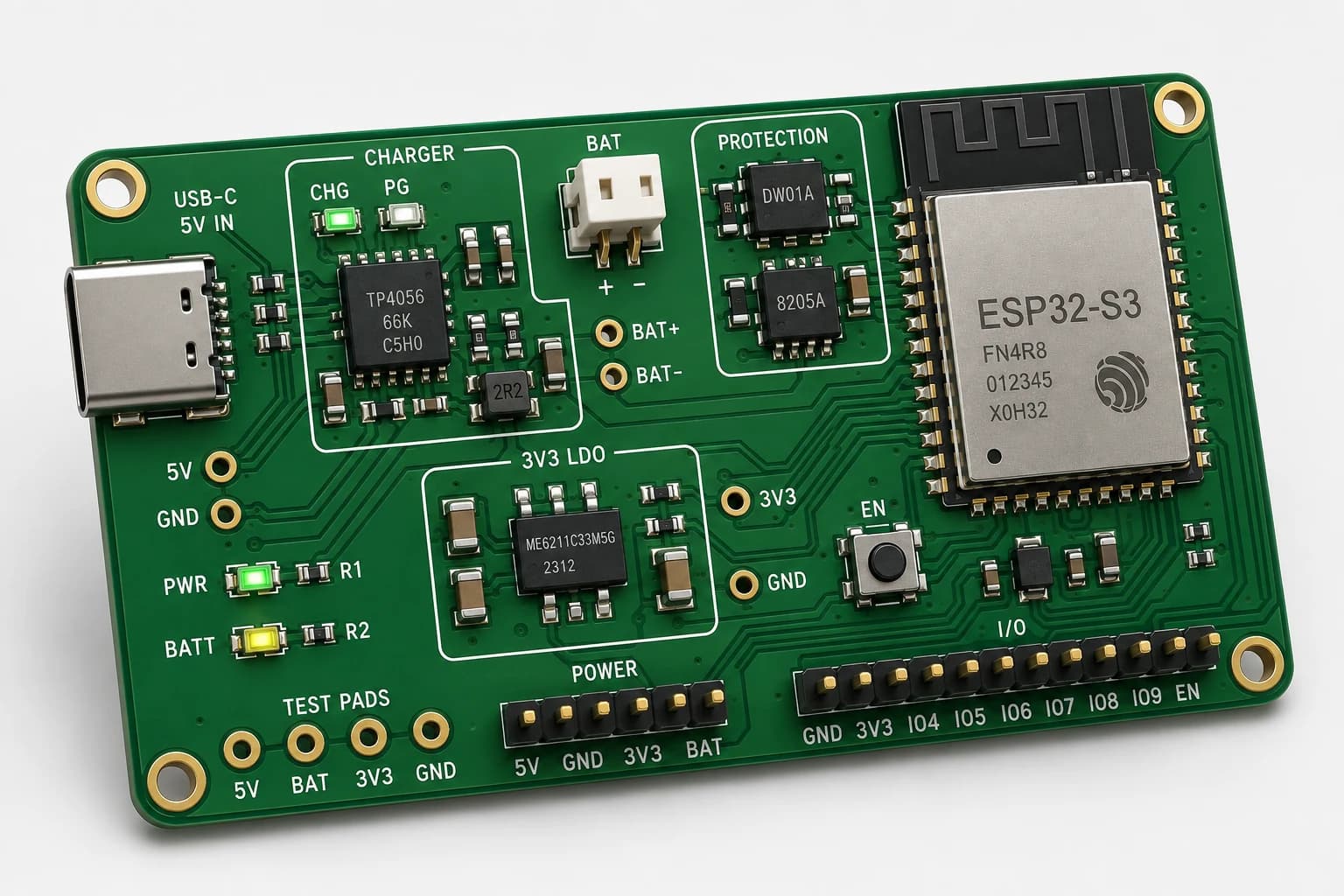 Perspective view of the ESP32-S3 battery board showing charger, protection, and regulator placement.