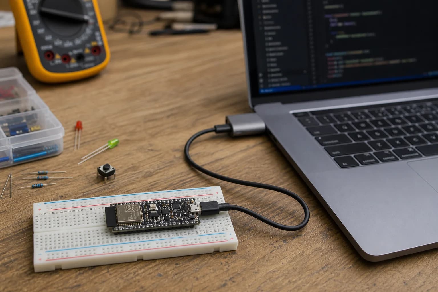 Ba development board ESP32 đặt cạnh MacBook Pro và bộ linh kiện cơ bản trên bàn làm việc điện tử.