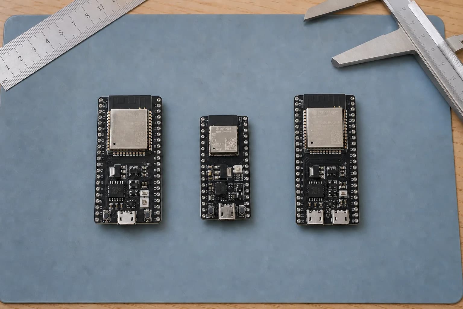 Các board ESP32 DevKitC, ESP32-C3 và ESP32-S3 được xếp cạnh nhau trên thảm chống tĩnh điện.