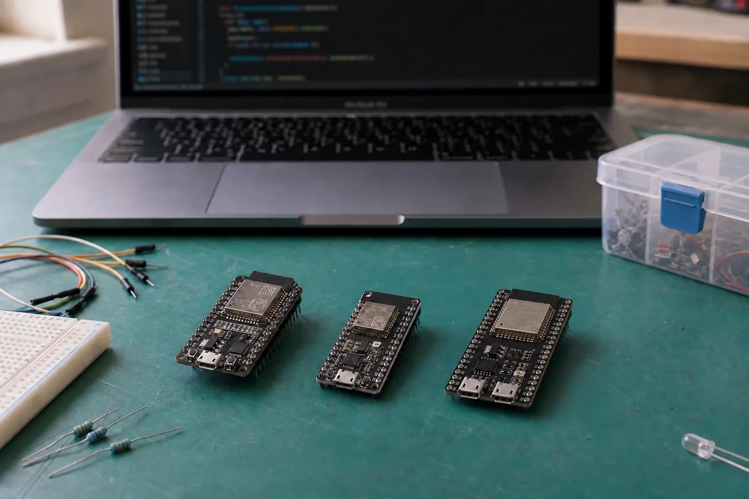 ESP32 development boards prepared for a beginner project beside a MacBook Pro on a real electronics workbench