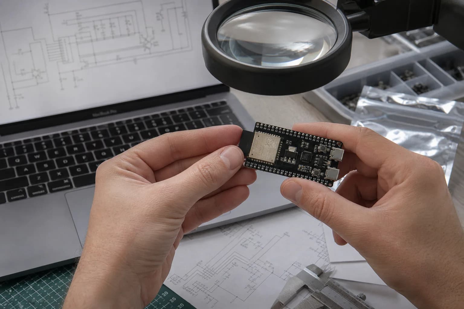Người dùng kiểm tra tên module và revision trên board ESP32 bằng kính lúp cạnh trang schematic trên MacBook Pro.