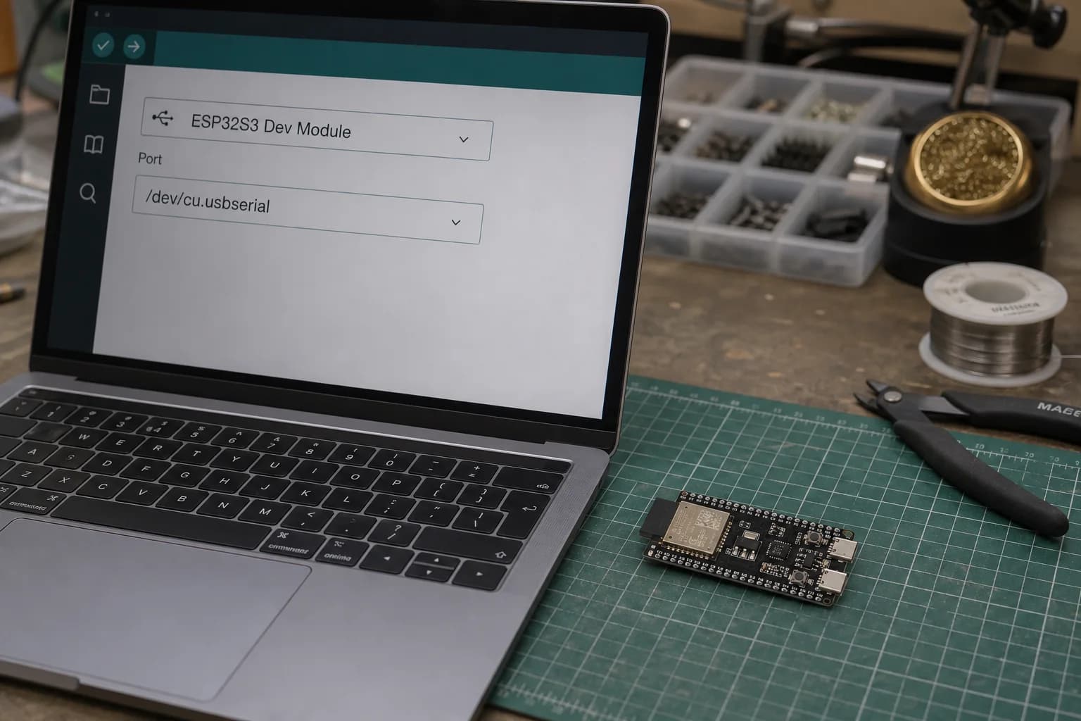 A two-port ESP32-S3-DevKitC-1 beside a MacBook Pro running Arduino IDE while the correct board and serial port are selected.