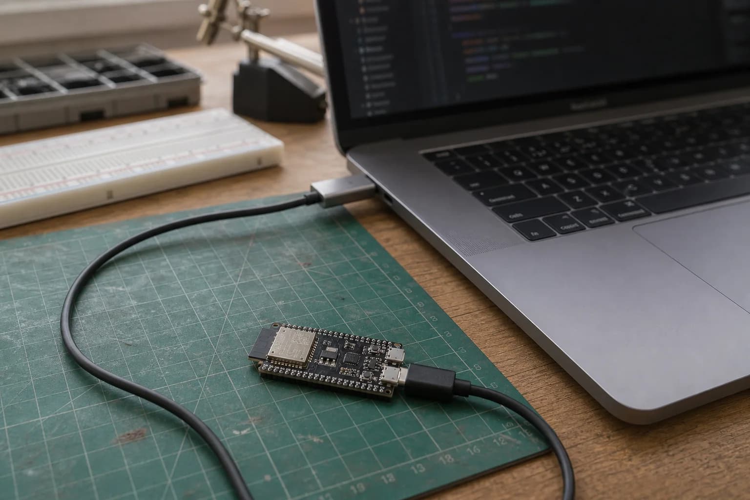 An ESP32-S3 development board connected correctly to a MacBook Pro on a practical electronics workbench while preparing the first firmware upload