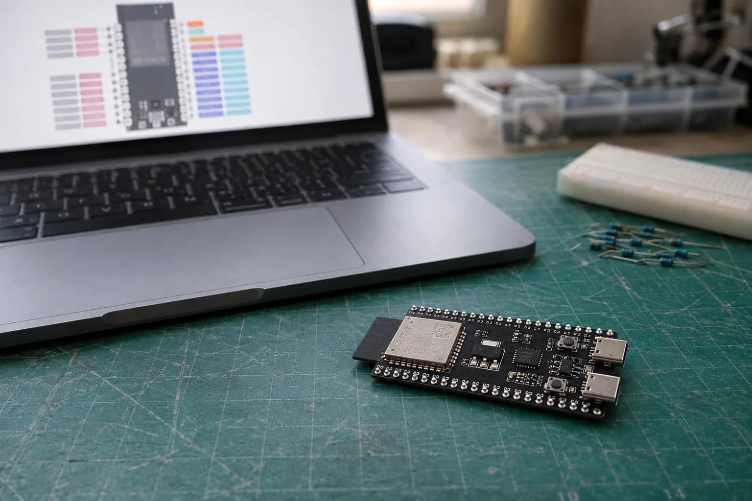 An ESP32-S3 development board beside a MacBook Pro displaying a pinout reference on a practical electronics workbench