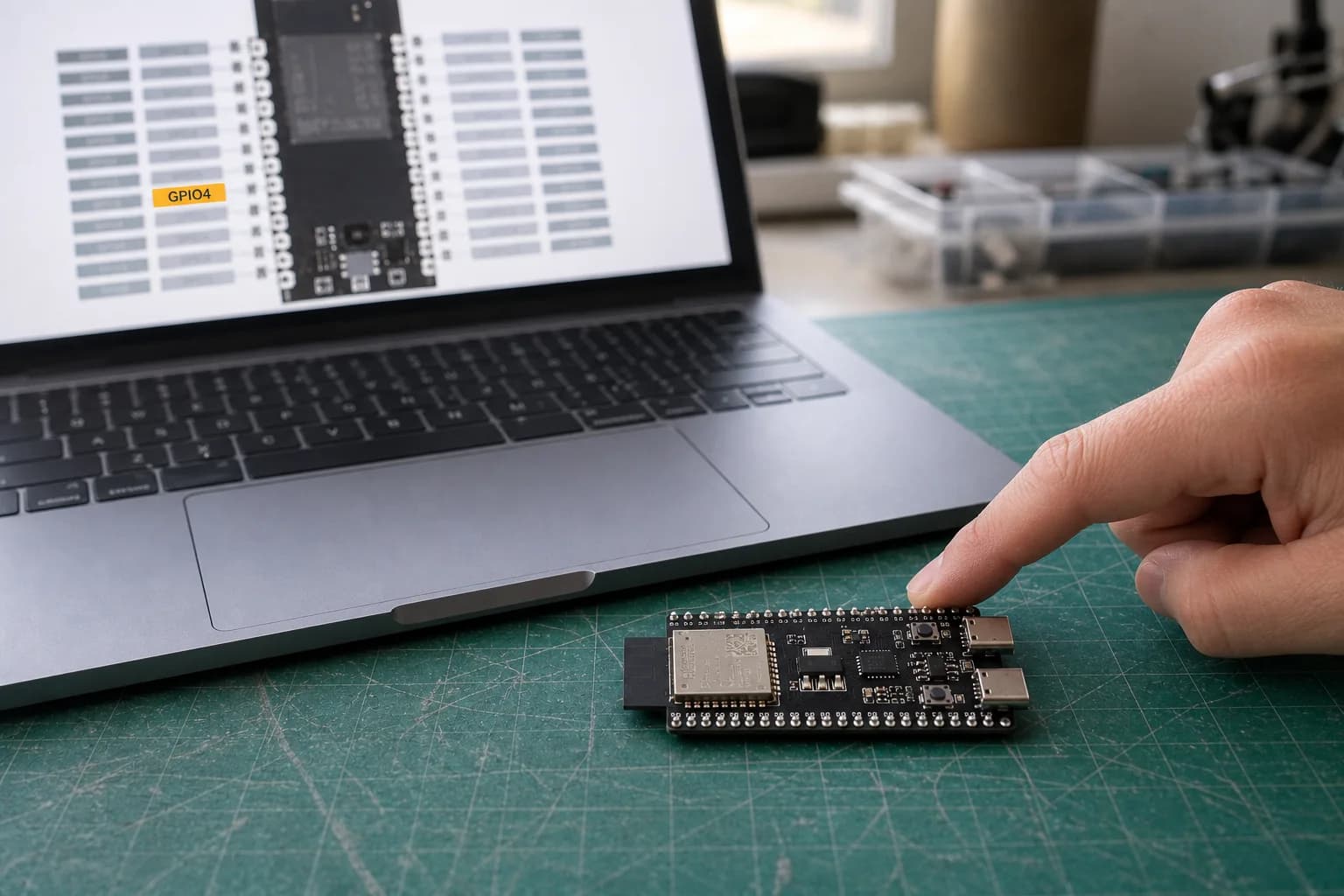 Người dùng đối chiếu nhãn chân trên ESP32-S3 DevKitC-1 với pinout hiển thị trên MacBook Pro.