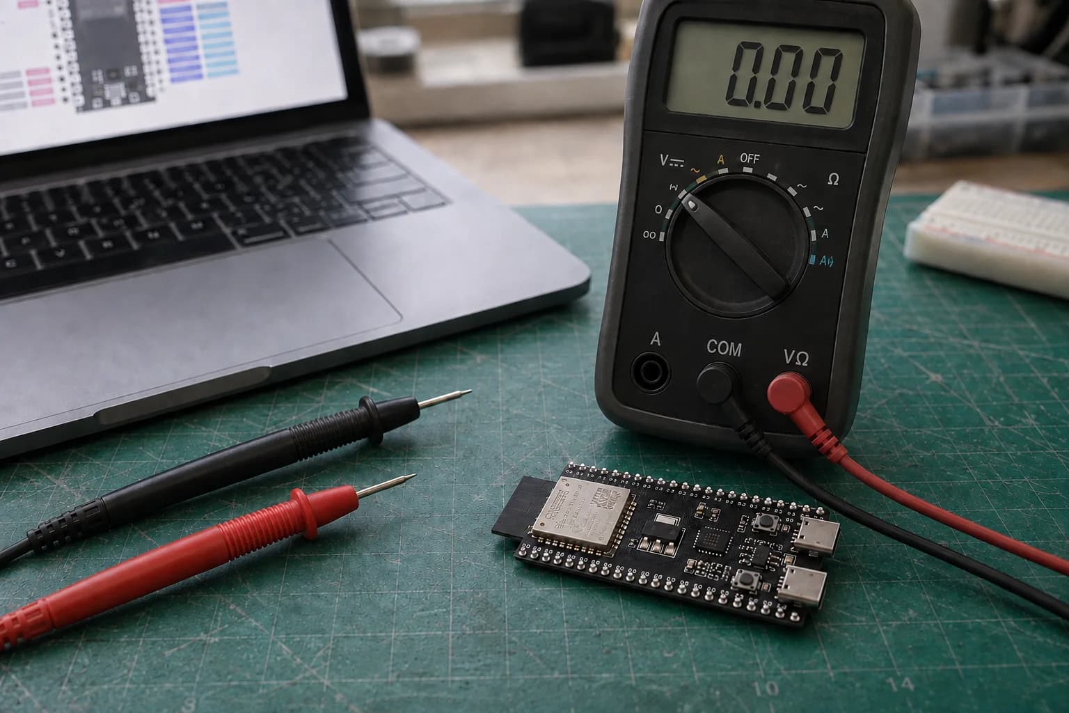 Đồng hồ vạn năng cạnh ESP32-S3 DevKitC-1, dây đen cắm COM, dây đỏ cắm V ohm và hai đầu que đo đang tách rời khỏi mạch.
