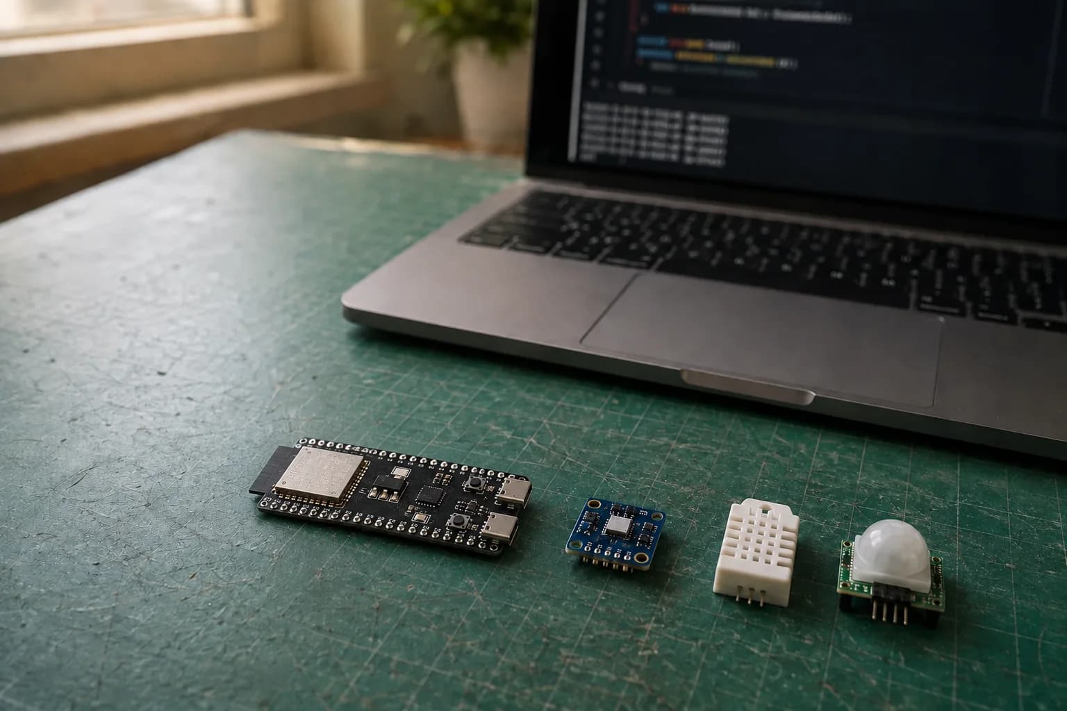 An ESP32-S3 development board, BME280 breakout, and sensor modules arranged beside a MacBook Pro on a practical electronics workbench