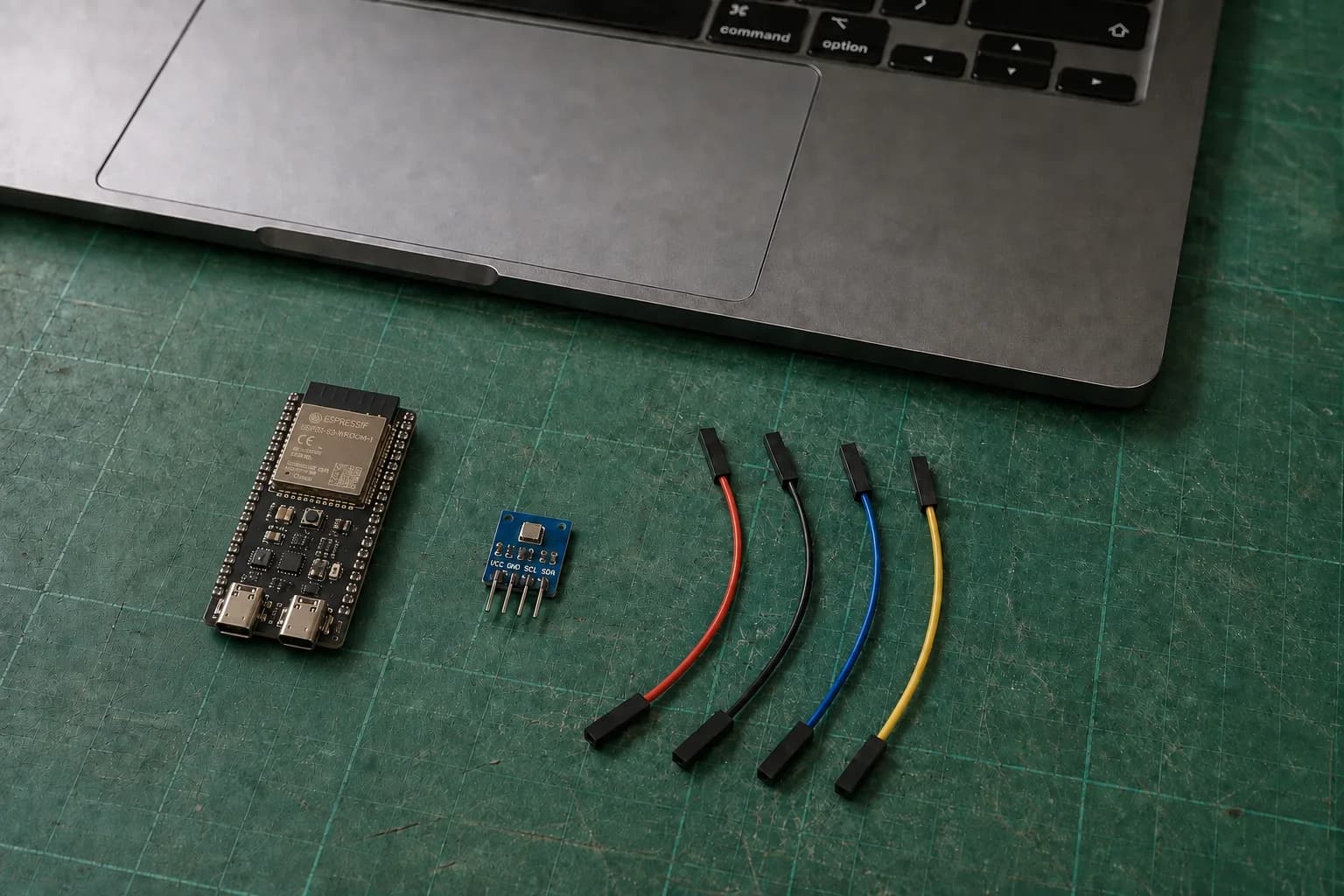 An ESP32-S3-DevKitC-1, four-pin BME280 breakout, and four female-to-female Dupont wires laid out before I2C wiring.