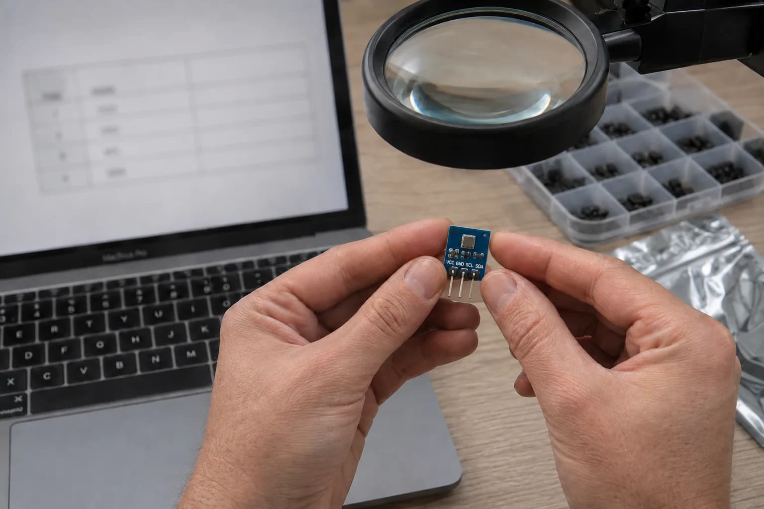 A user checks VCC, GND, SDA, and SCL labels on a BME280 breakout beside a MacBook Pro showing technical documentation.