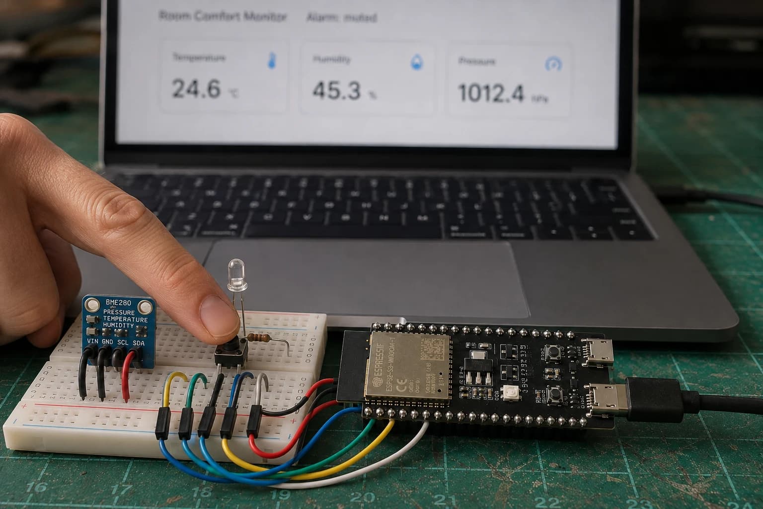 Người dùng nhấn nút trên prototype Room Comfort Monitor dùng ESP32-S3, BME280 và LED cảnh báo cạnh MacBook Pro.