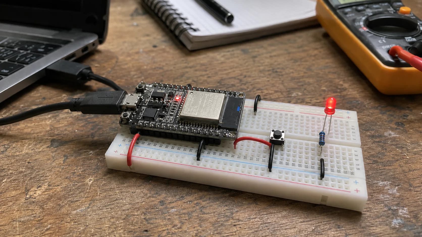 ESP32 wired to one resistor-protected LED and one pushbutton on a breadboard powered by a MacBook Pro