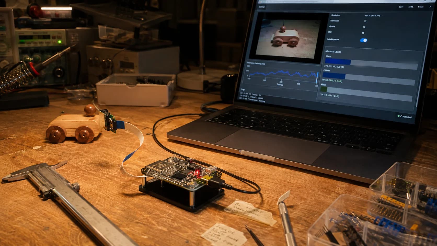ESP32-S3 testing a camera edge model with latency and memory charts on a MacBook Pro