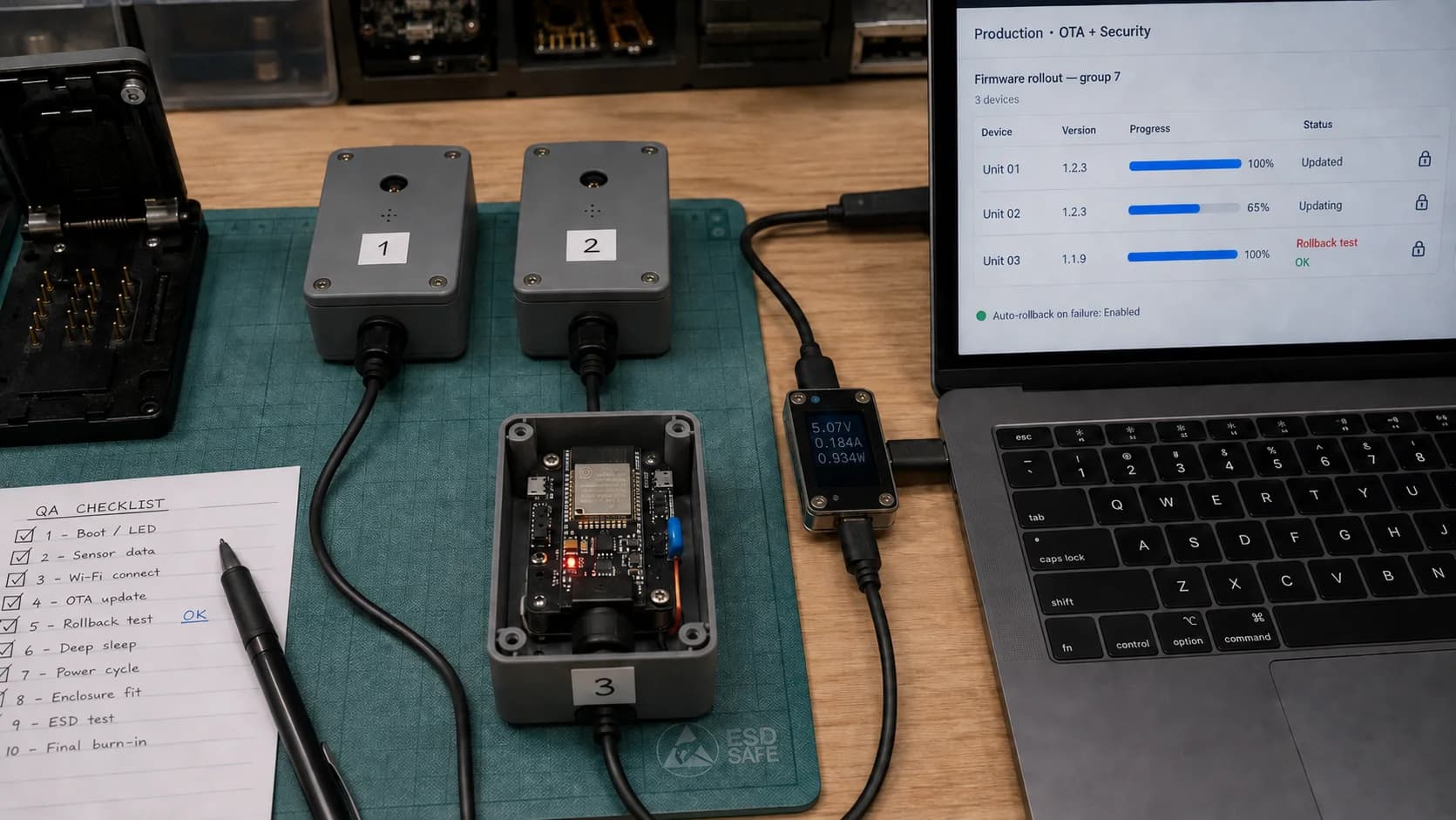Three enclosed ESP32 prototypes undergoing OTA rollback, power, and security tests on a lab bench