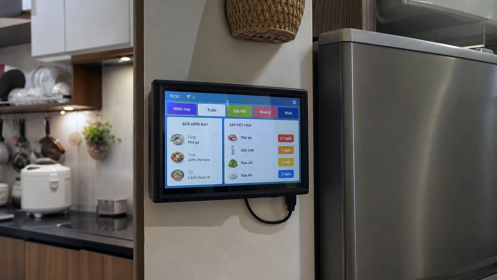Màn hình HMI LCD gắn cạnh tủ lạnh hiển thị thực đơn và các món sắp hết hạn trong bếp