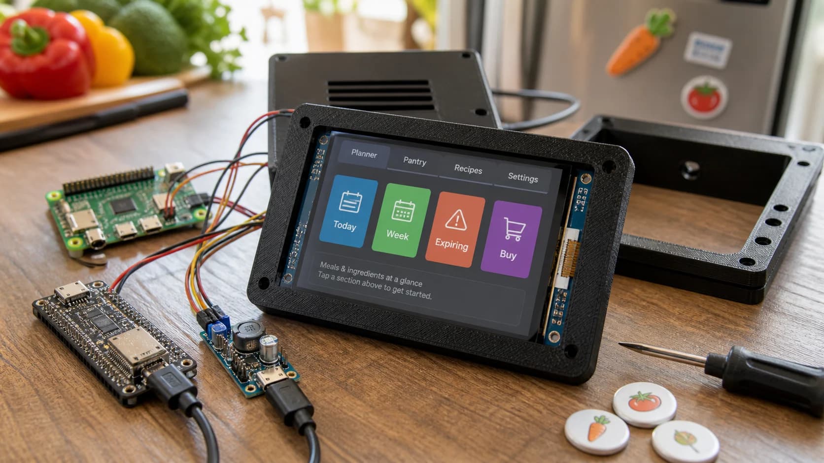 A TFT kitchen HMI prototype with a color touchscreen, ESP32-S3, power module, wiring, and a 3D-printed enclosure on a kitchen table.