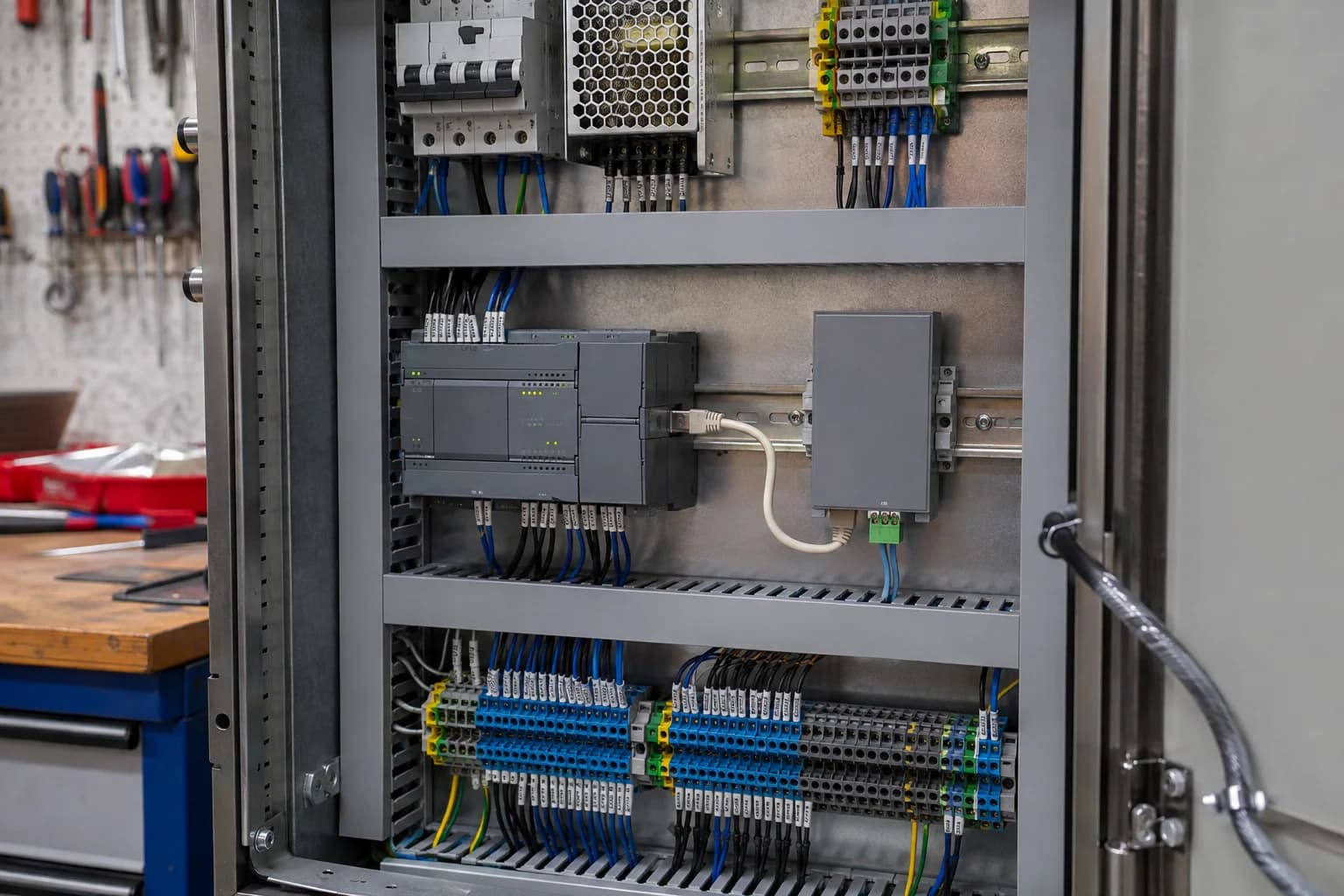 Gateway công nghiệp đóng hộp nối với PLC và terminal RS-485 trong tủ điều khiển