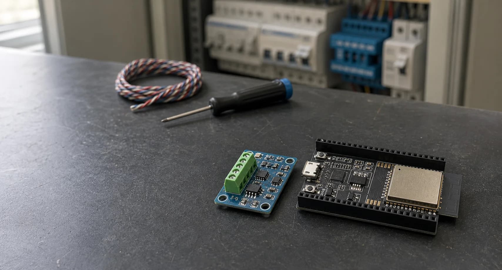 ESP32-DevKitC V4 and an RS-485 transceiver laid out on an electronics workbench