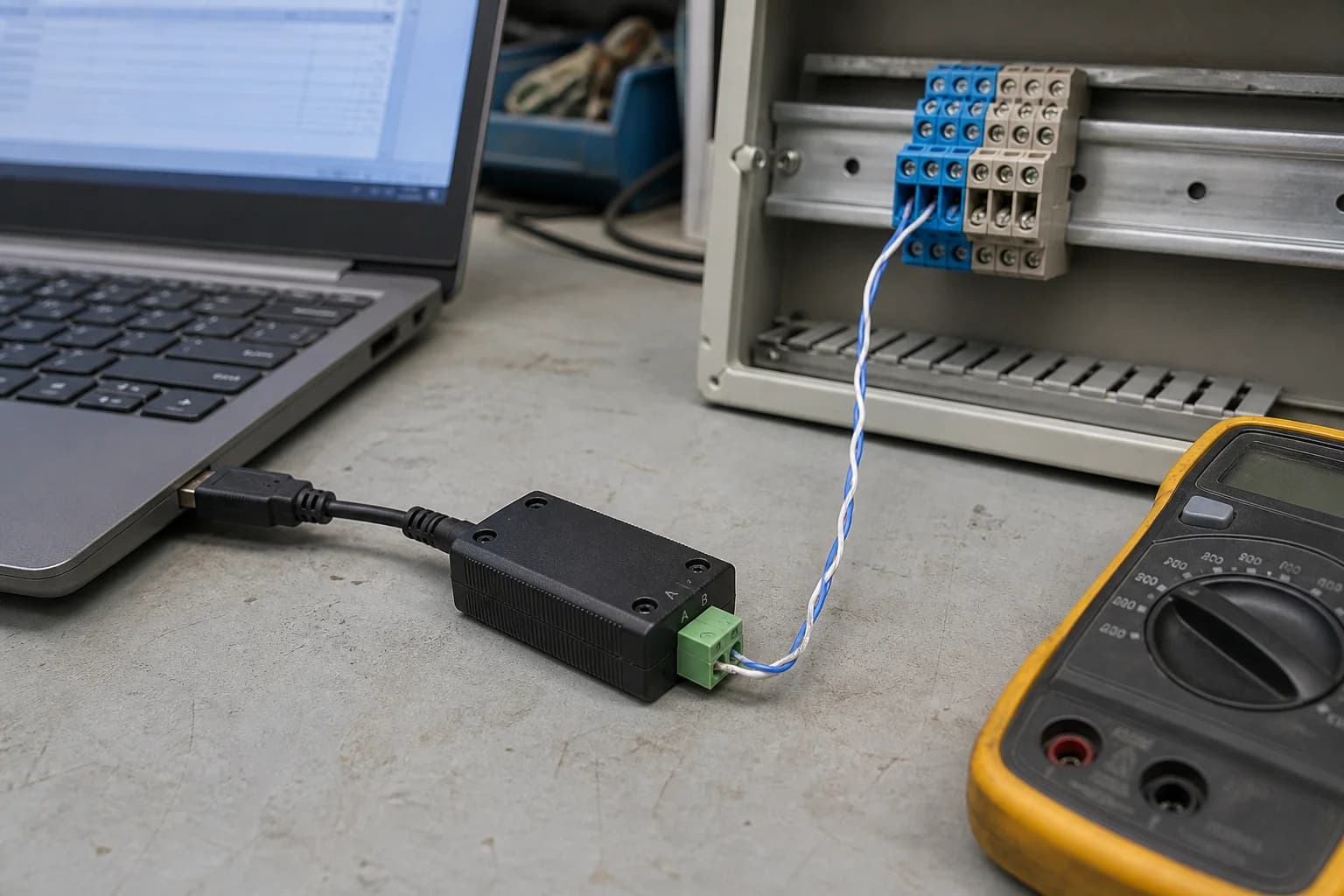 USB-to-RS-485 adapter nối laptop với terminal DIN rail để kiểm tra Modbus
