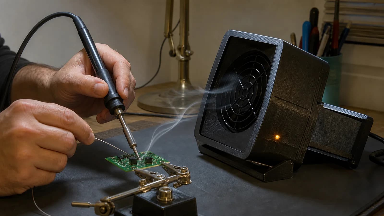 Two hands soldering a secured PCB while a mini fume extractor draws flux smoke away from the joint.