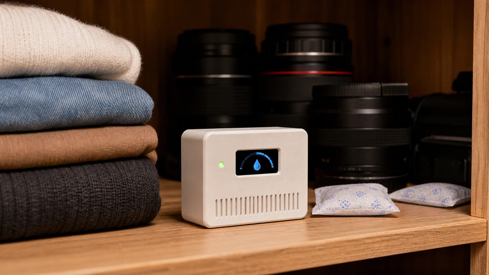 Hộp IoT theo dõi độ ẩm chống mốc đặt trong tủ đồ và tủ máy ảnh