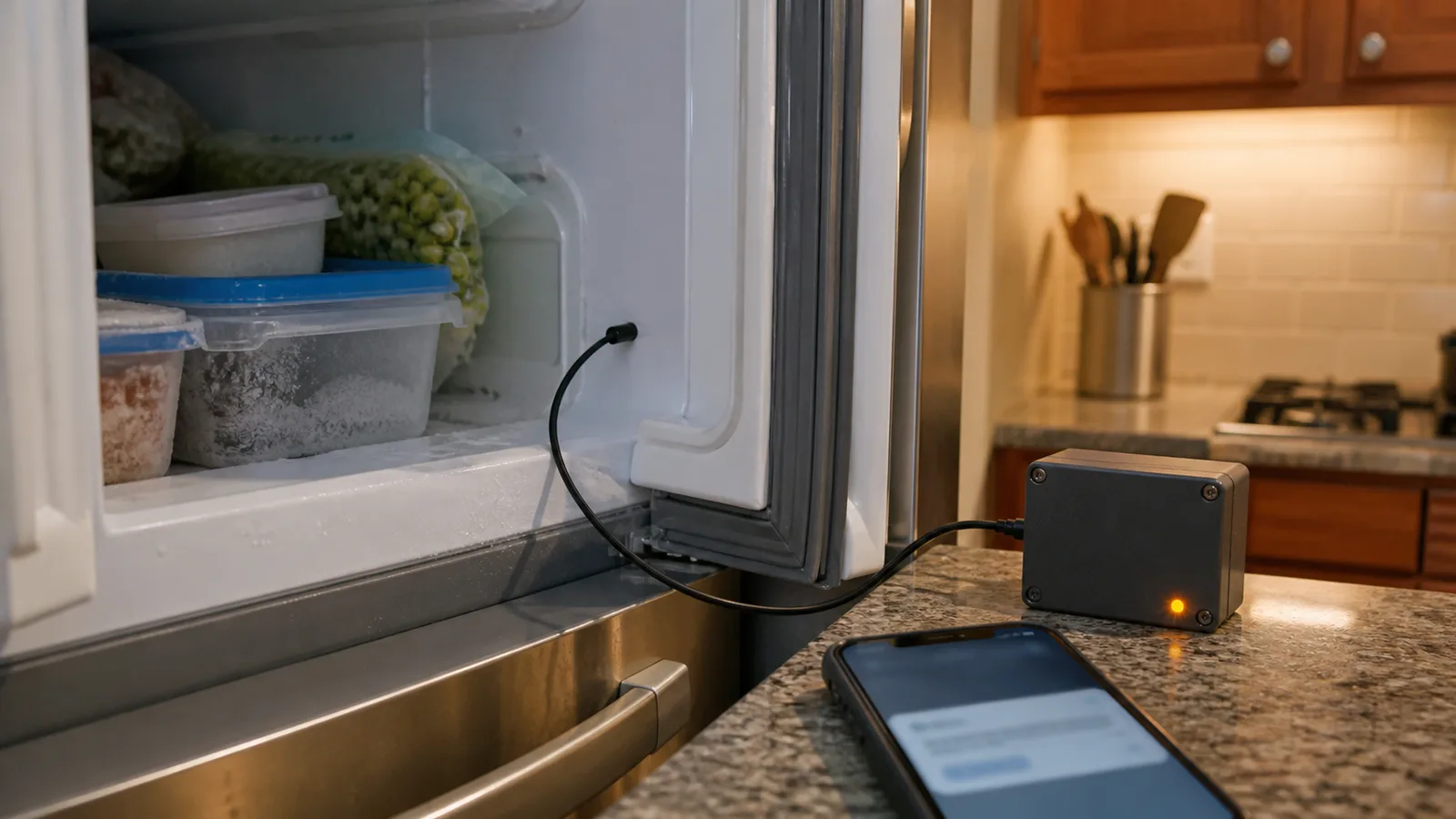 A temperature probe routed into a freezer while the external IoT box shows an amber warning LED and a phone receives a temperature alert.