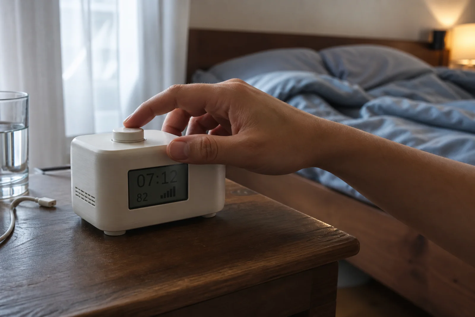 A hand reviewing a sleep environment score on a camera-free DIY bedside clock in the morning