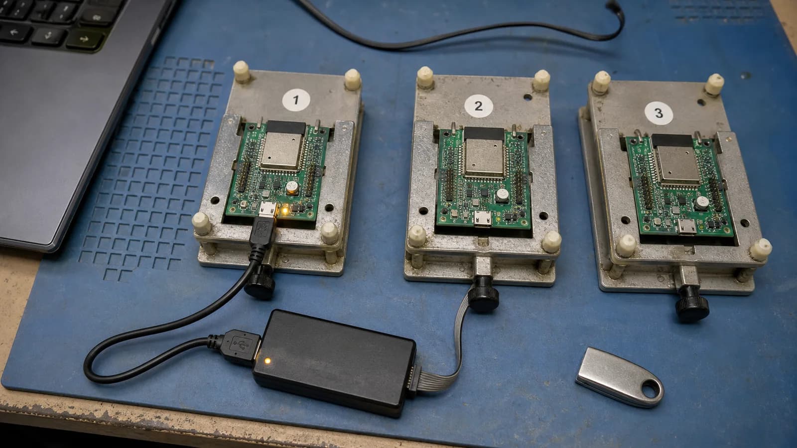 Three IoT boards on programming fixtures receiving separate device identities and credentials.
