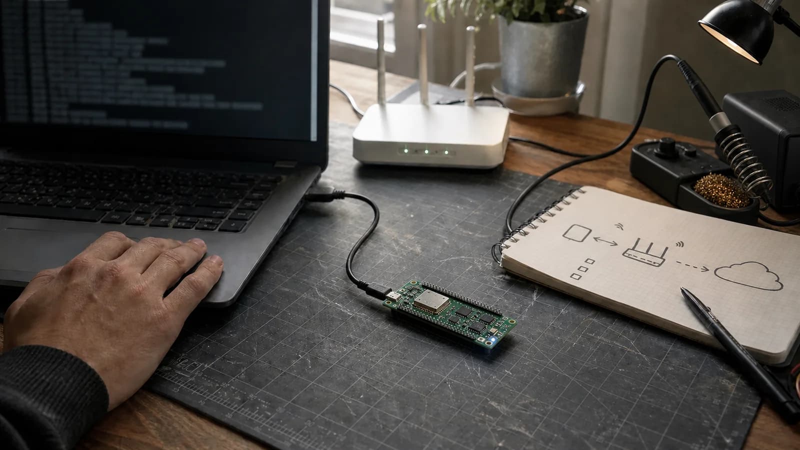 Engineer reviewing the network and firmware security of an ESP32 development board on a workbench