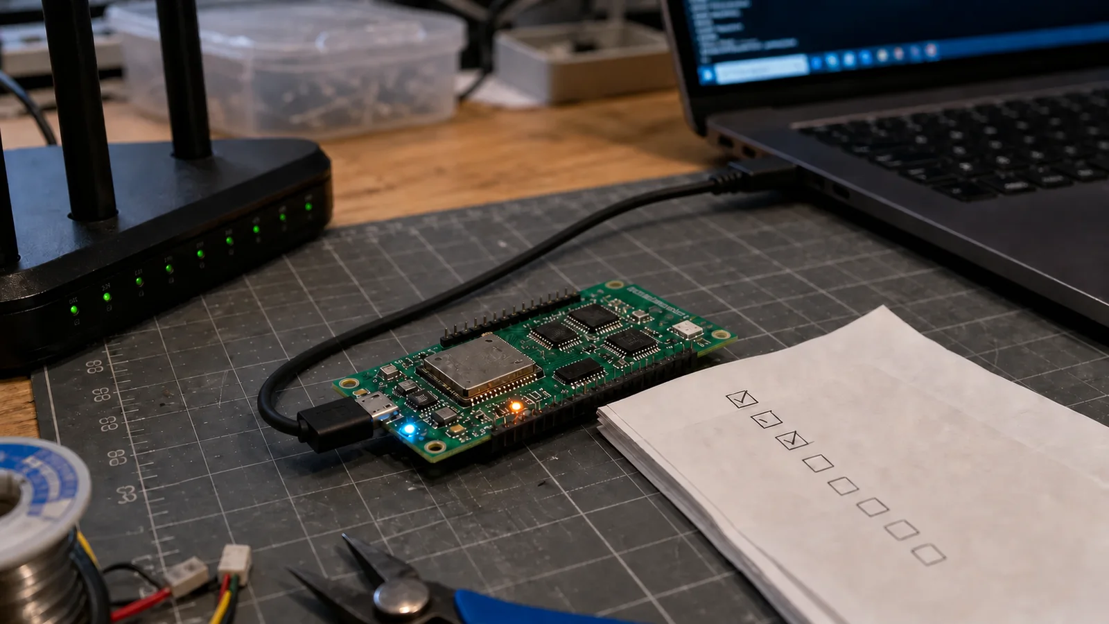 IoT board undergoing an OTA update and rollback test beside a router, laptop, and test checklist.