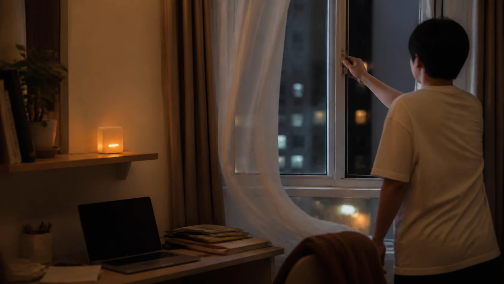 A person opens a window at night after a small IoT device in the room glows to indicate stale indoor air.