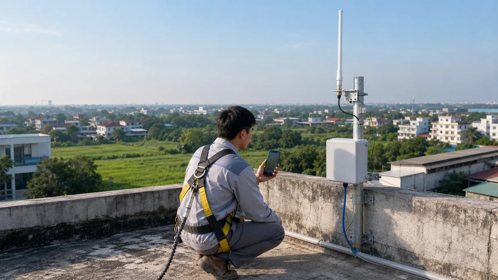 Technician testing an outdoor LoRaWAN gateway with a high antenna and weatherproof Ethernet cable