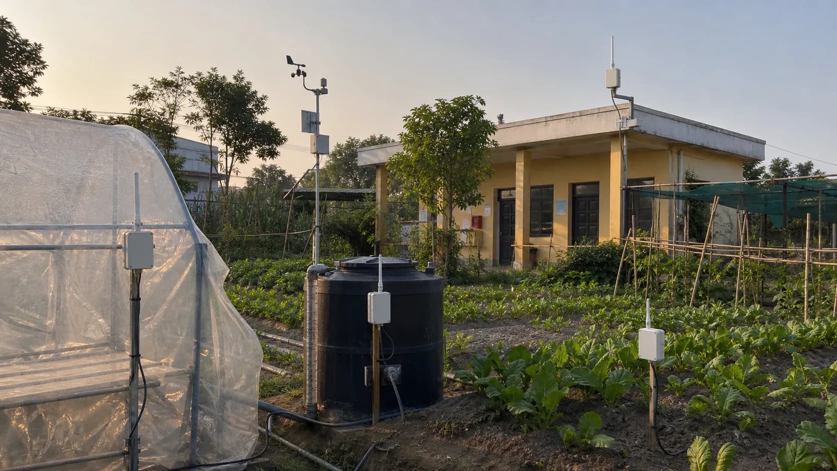 Field LoRaWAN sensor nodes sending data through a high-mounted gateway to a local server