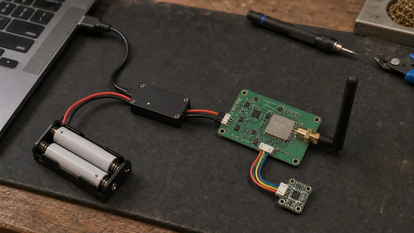 SX1262 LoRaWAN sensor board, AA batteries, and a current meter on an electronics workbench