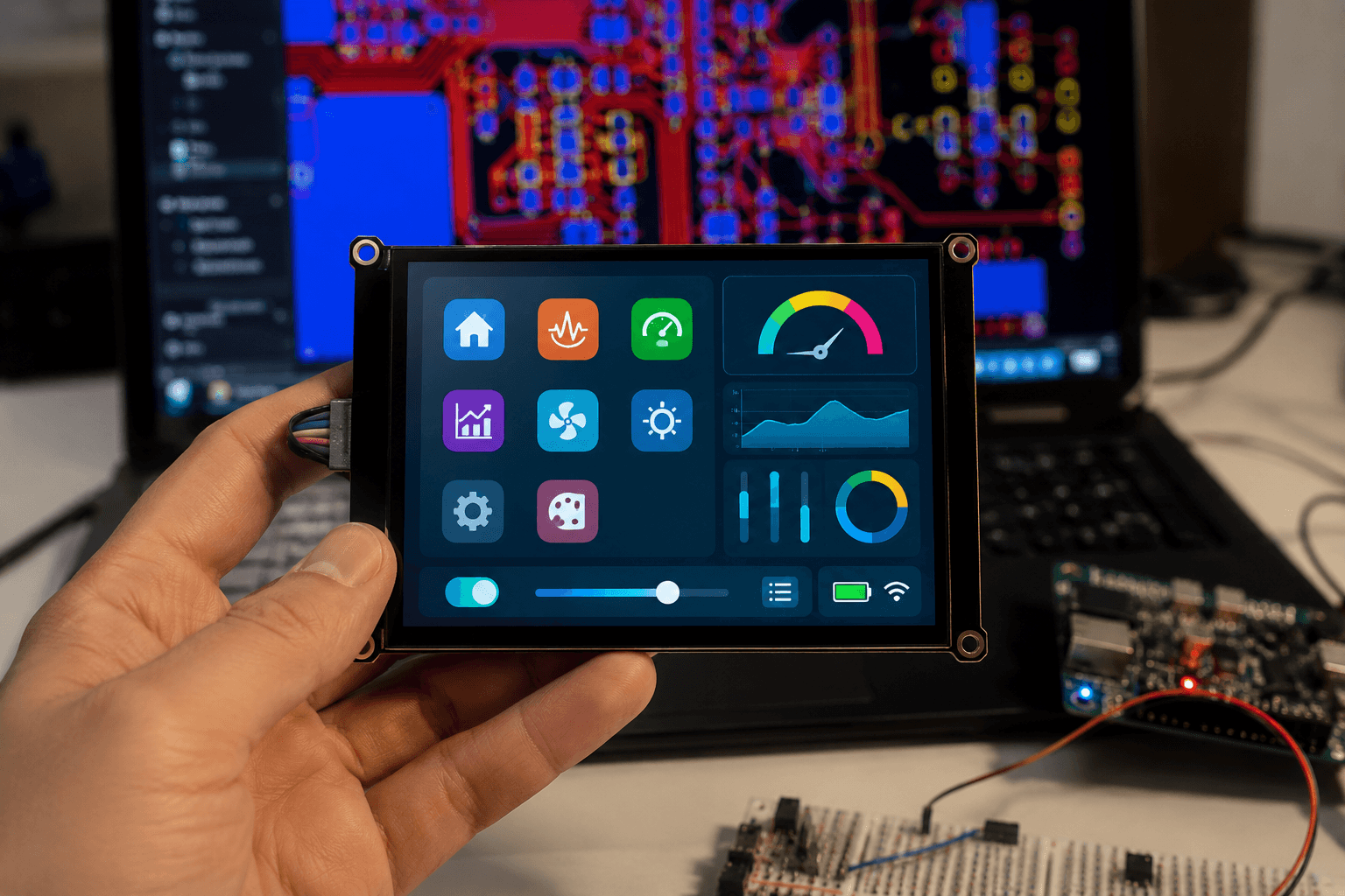 Real ESP32 display prototype running an LVGL interface during development