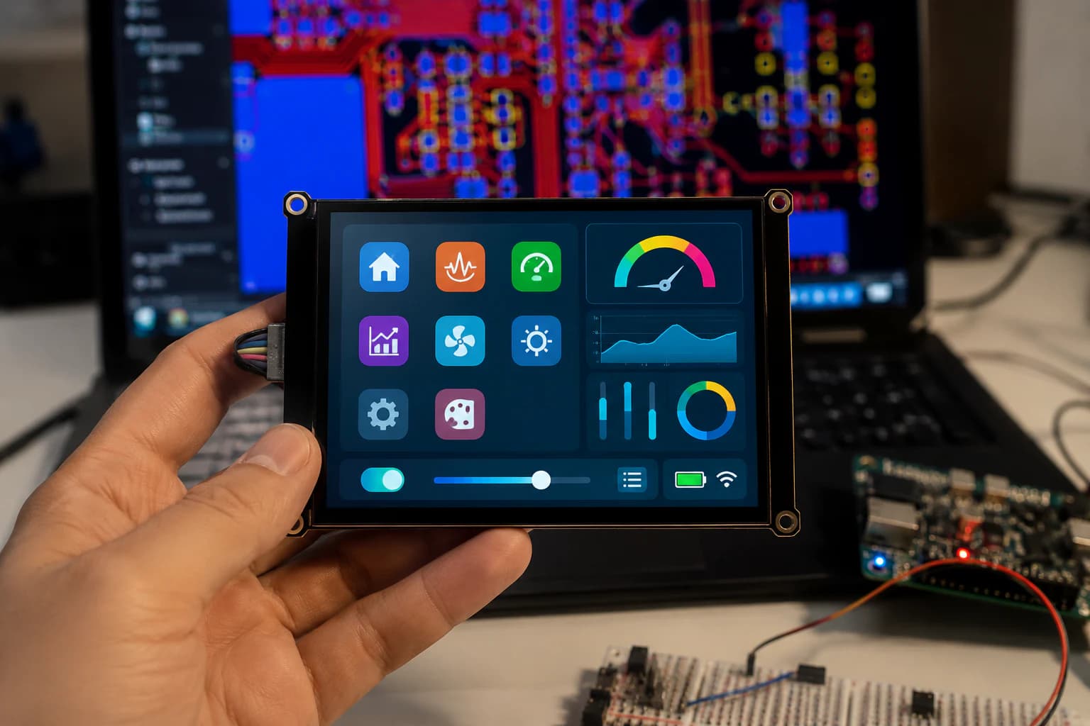 Real ESP32 display prototype running an LVGL interface during development