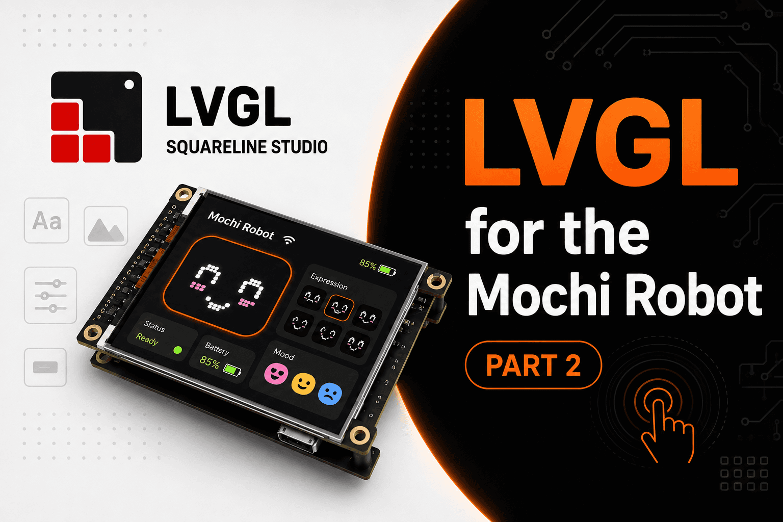 LVGL interface flow for Mochi robot emotional states and screen animations