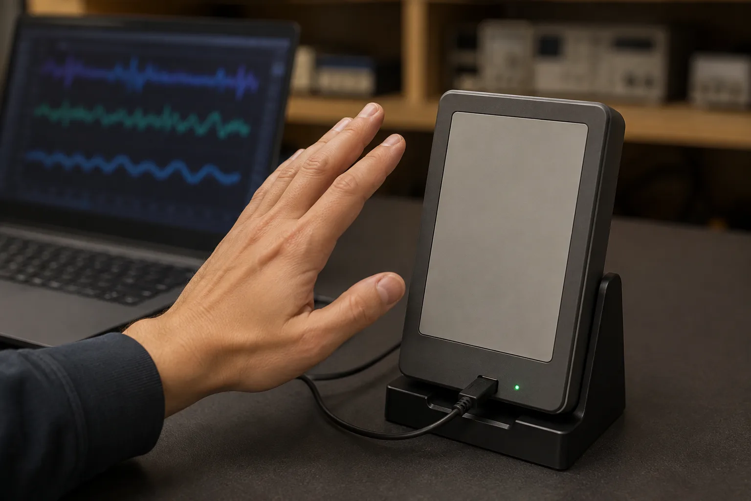 Powered enclosed mmWave radar device with a smooth RF radome window while a hand performs a gesture nearby
