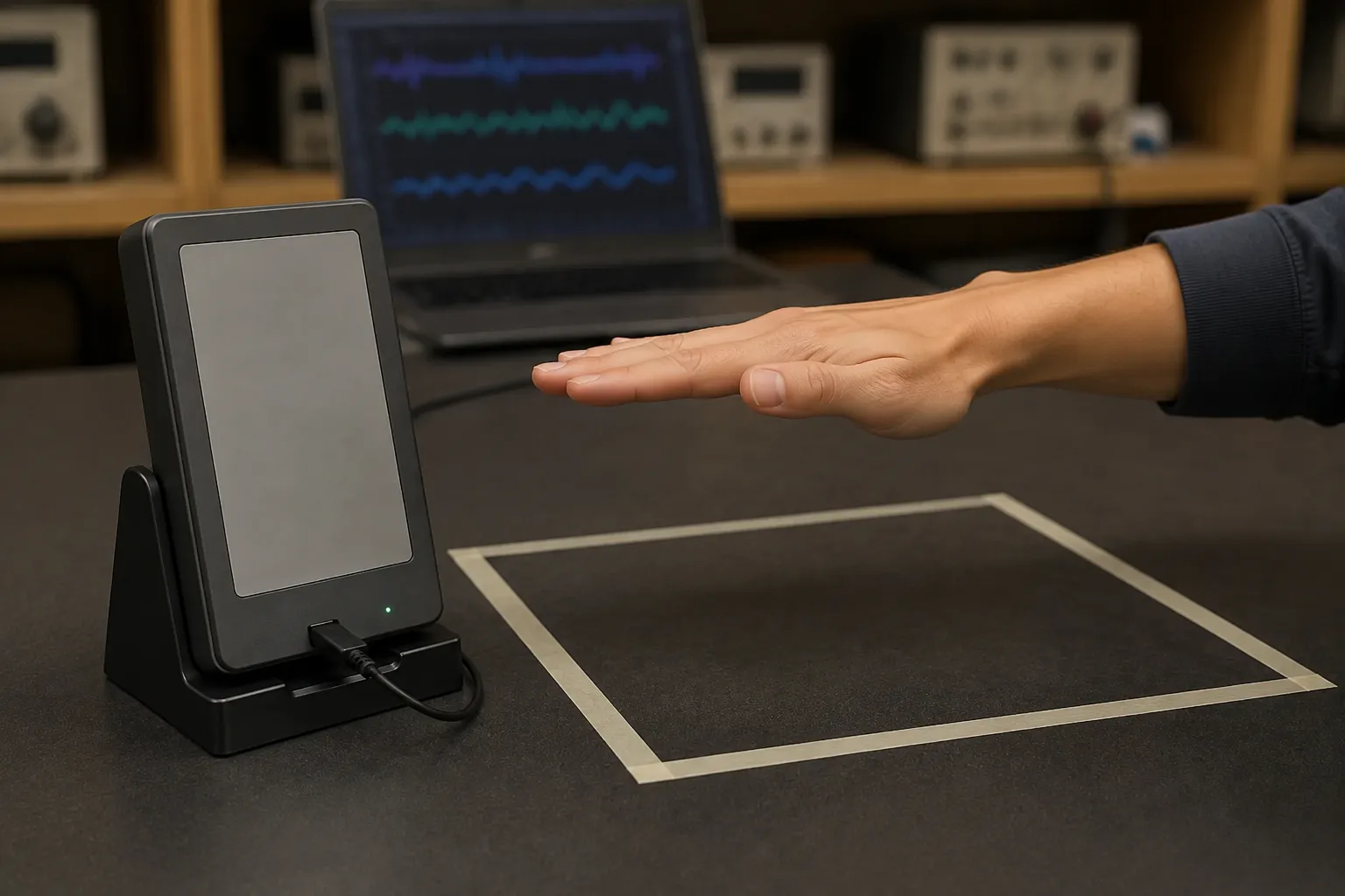 Powered enclosed mmWave radar device with a smooth plastic radome window while a person performs a swipe across a taped test zone