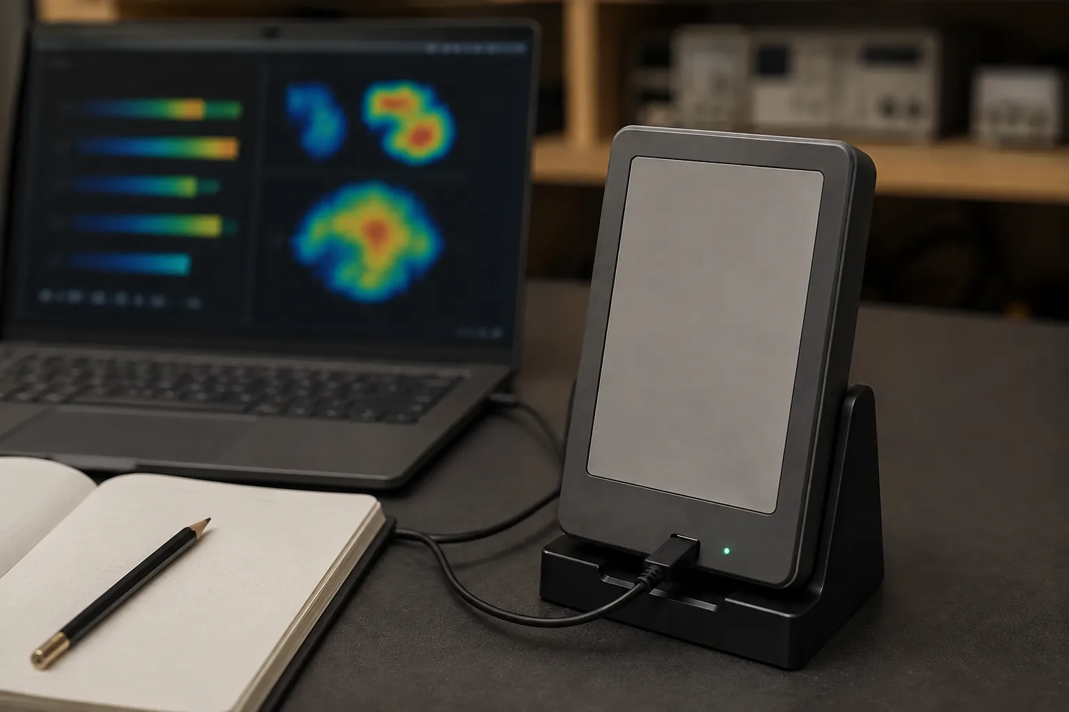Powered enclosed mmWave radar device with a smooth plastic radome window in front of a laptop with blurred probability bars and radar heatmap