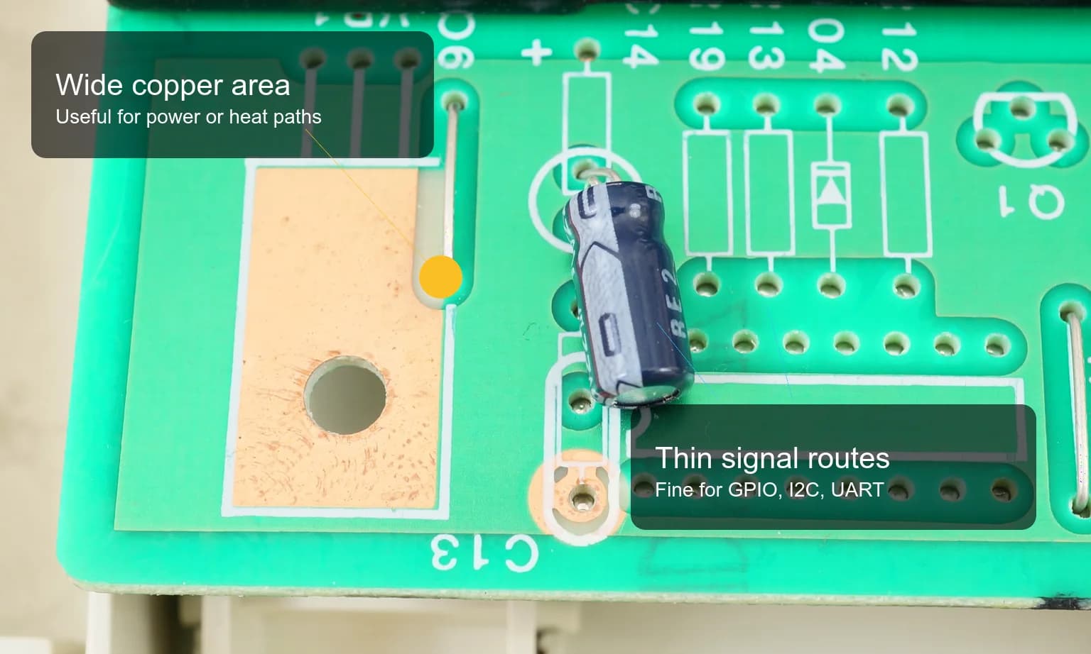 Annotated PCB view comparing narrow signal traces with a wider power trace