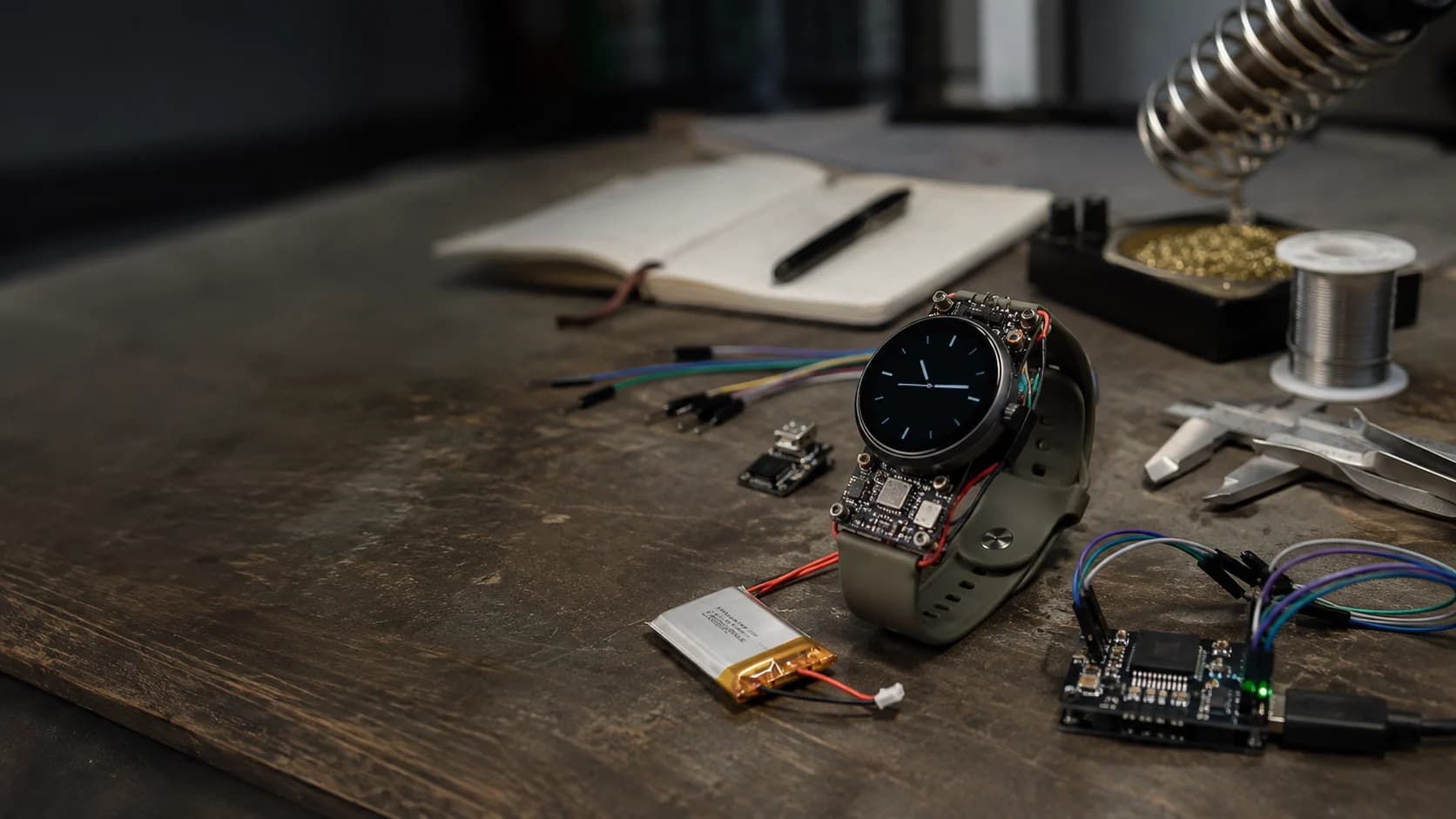 Realistic nRF52840-style BLE wearable prototype on an electronics workbench