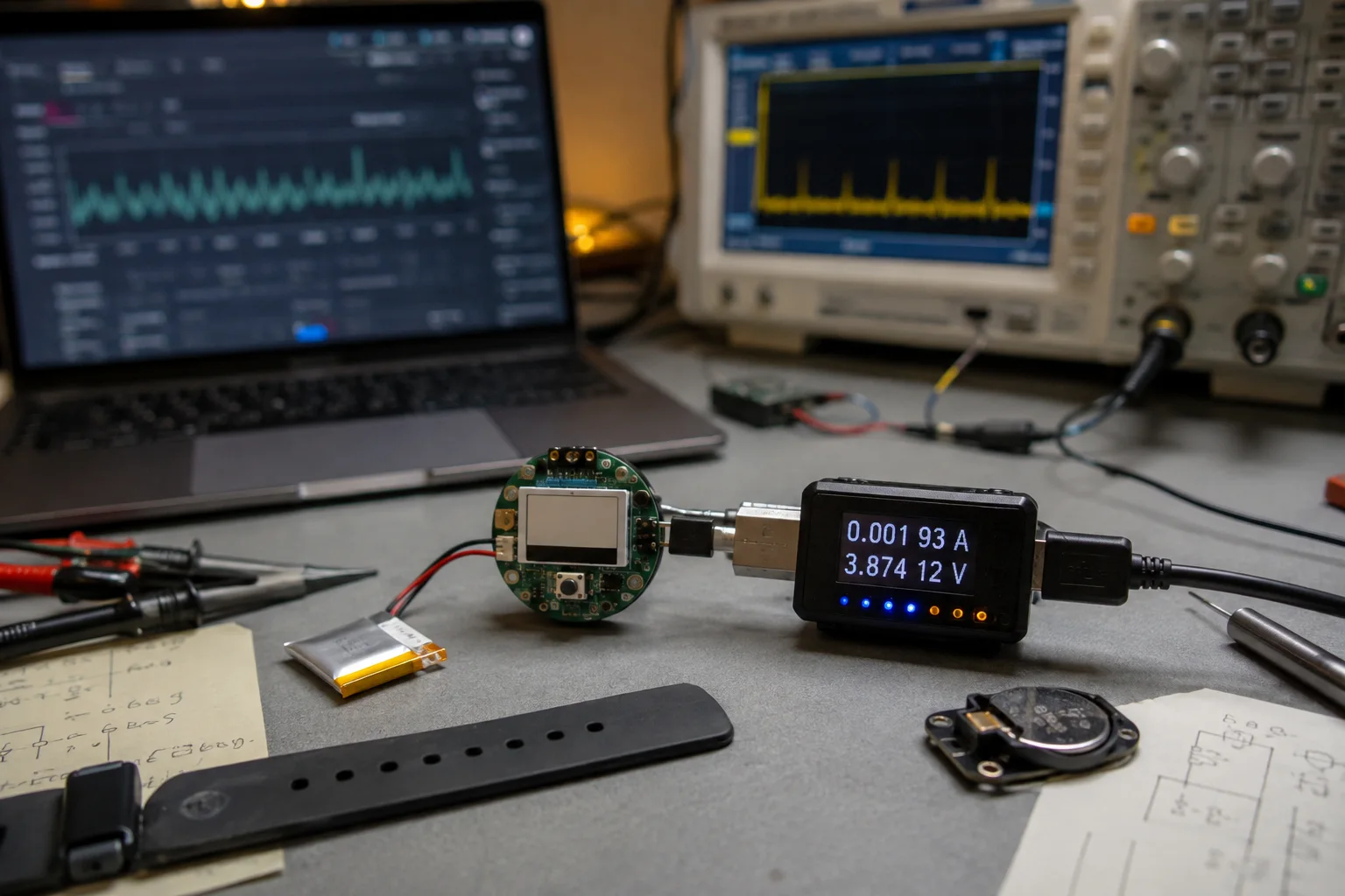 nRF52840 wearable prototype connected to a USB power meter and oscilloscope for current measurements.