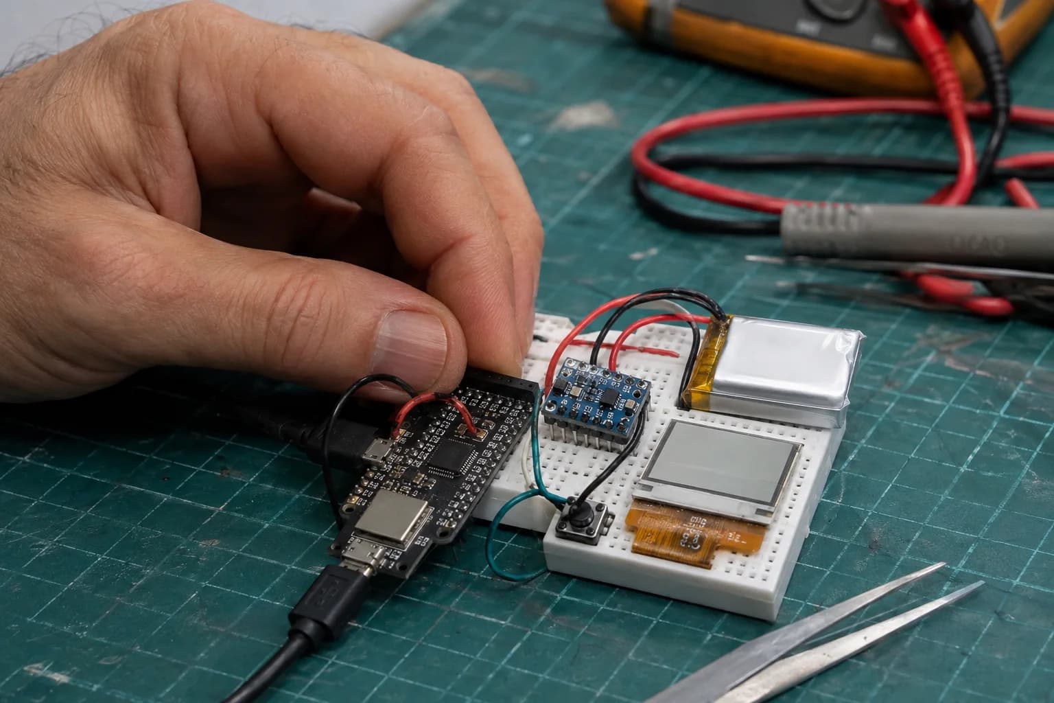 nRF52840 wearable prototype on a bench with a BLE board, accelerometer, small display, and Li-Po battery.