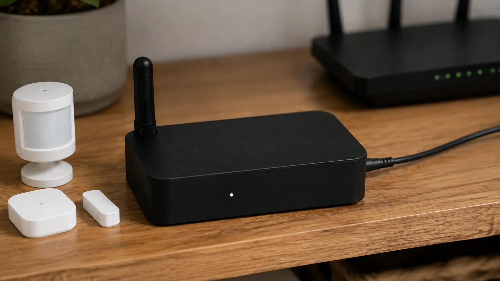 Enclosed multi-protocol smart-home gateway beside wireless sensors on a home network shelf